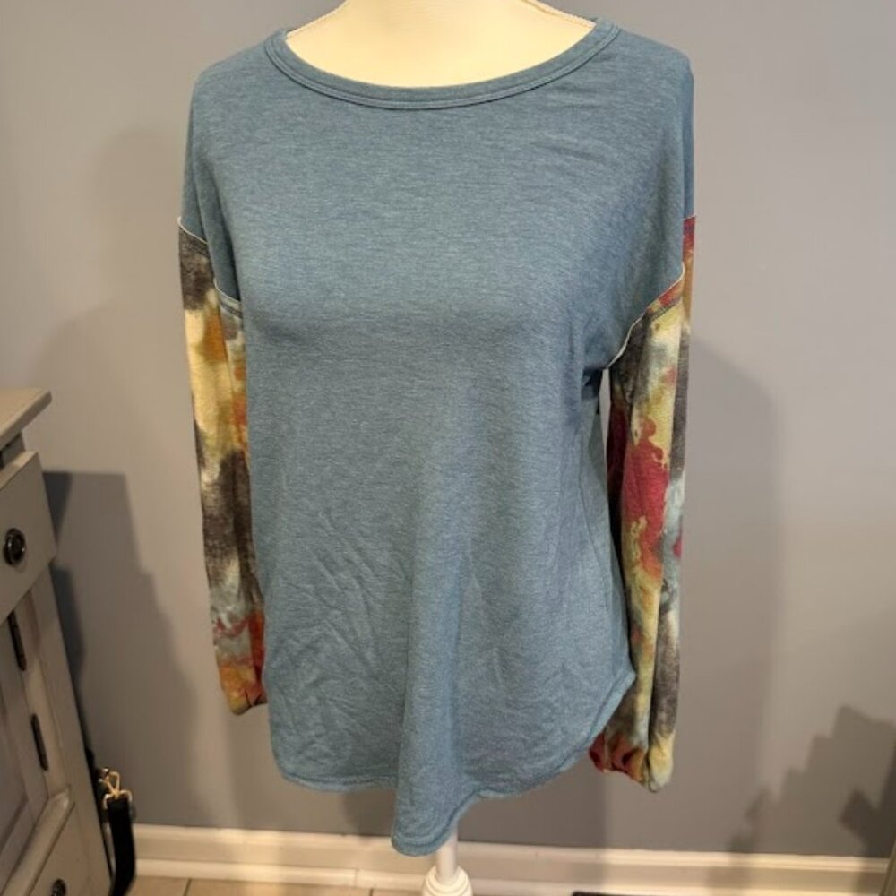 Mystree Blue Long Sleeve Top with Tie-Dye Sleeves